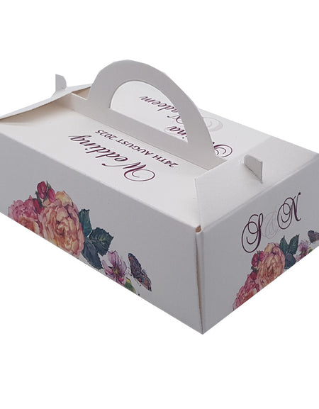 RHC 232 Personalised Favour Box – Watercolor Peach & Pink Flowers with Green Leaves Gable Style Wedding Box