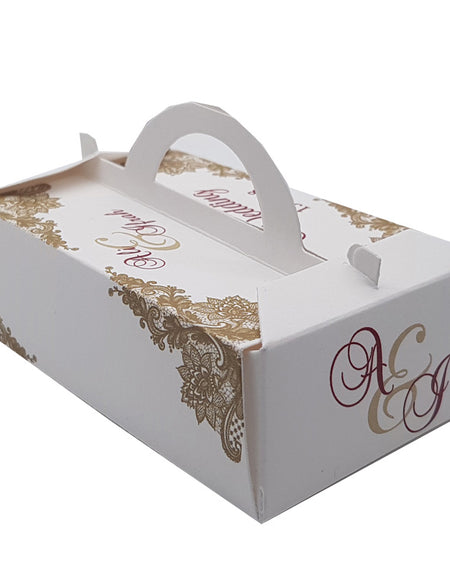 Personalised wedding favors with matching overprint with couples names and matching theme pattern print