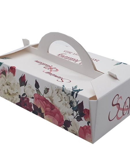 Pink & White with green leaves Floral Print Party Favor Boxes in small Gbale shaped boxes