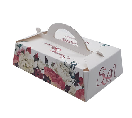 Pink & White with green leaves Floral Print Party Favor Boxes in small Gbale shaped boxes