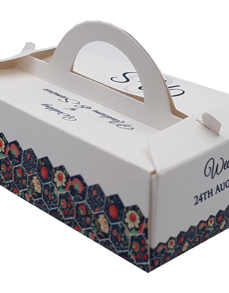 Navy blue wedding favor boxes in gabel box shape, completely personalised favor boxes