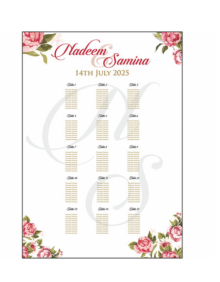 Wedding Table Plan 
A1 Board easle Rose leaf Floral personalised landscape wedding stationery