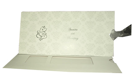 Traditional Hindu white wedding invite with dual-window design