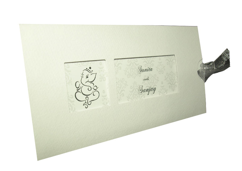 Elegant white Ganesh pocket wedding invitation with two windows