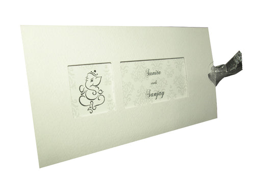 Load image into Gallery viewer, Elegant white Ganesh pocket wedding invitation with two windows
