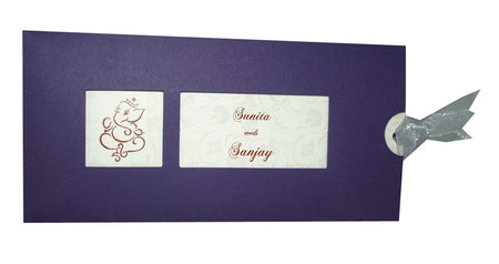 Front view of RWB 304H Purple Cardstock Pocket Invitation, showcasing the embossed floral design and dual cut-out windows.