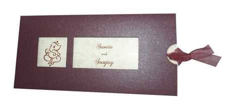 Close-up of RWB 306H Purple Shimmer Pearlescent Pocket Invitation, showcasing the embossed floral pattern and dual-window design.