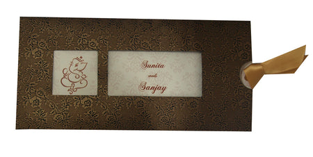 Close-up of RWB 307H Ganesh Gold & Grey Pocket Invitation, highlighting the embossed rose pattern and dual window design.