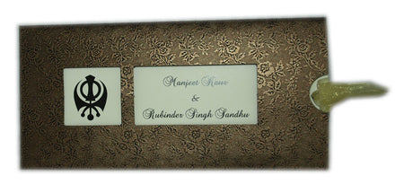 Front view of the RWB 315S Sikh Wedding Invitation, featuring an embossed design and the laser-cut Khanda symbol. A lovely Shadi Card