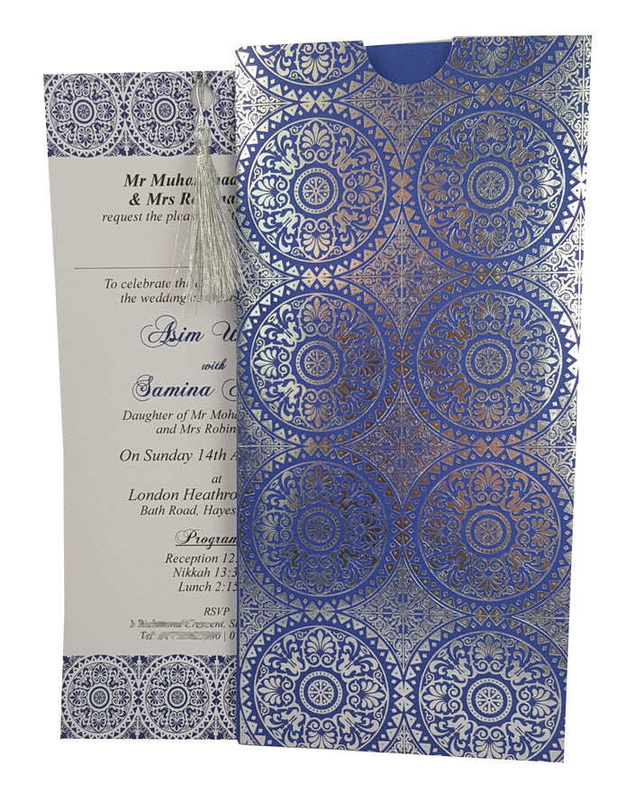 RWB Blue Card Damask Silver Foiled Pocket Invitation with Silver Tassel