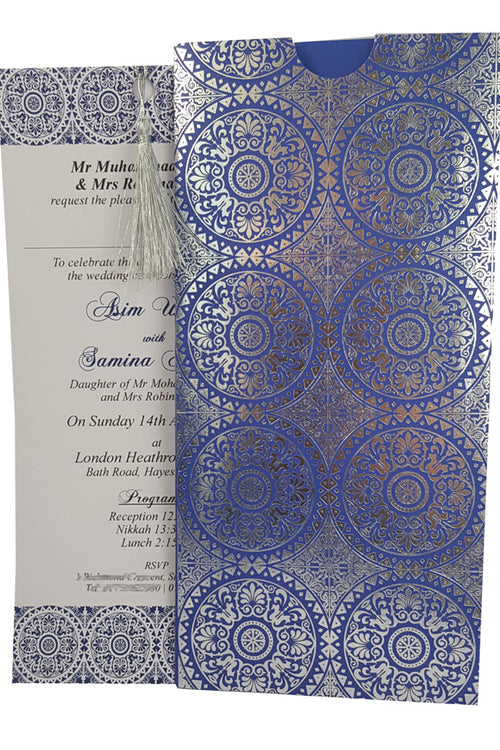 Load image into Gallery viewer, RWB Blue Card Damask Silver Foiled Pocket Invitation with Silver Tassel
