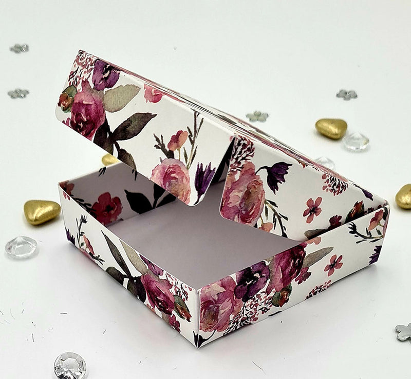 Square floral favour box for weddings – Pink, purple & green design shadi card