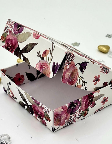 Square floral favour box for weddings – Pink, purple & green design shadi card