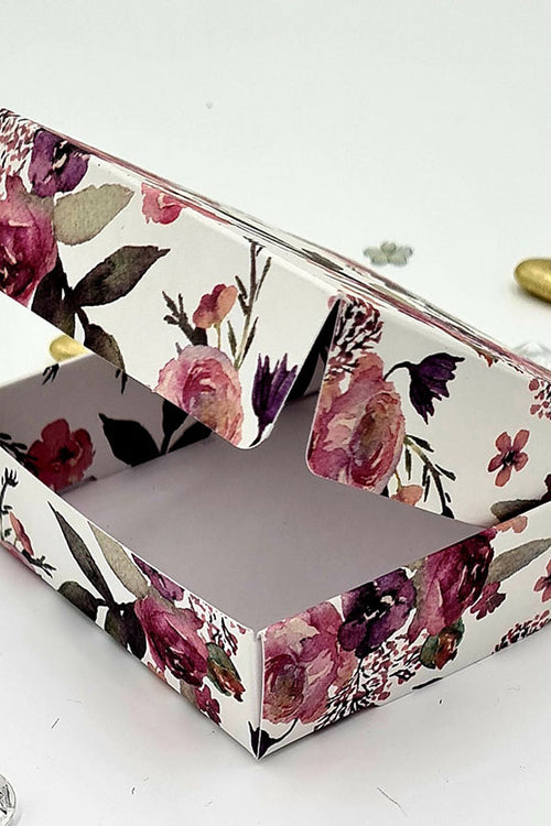 Load image into Gallery viewer, Square floral favour box for weddings – Pink, purple &amp; green design shadi card
