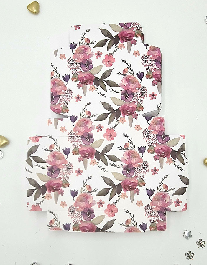 Wedding favour box with pink, purple, and green floral overprint