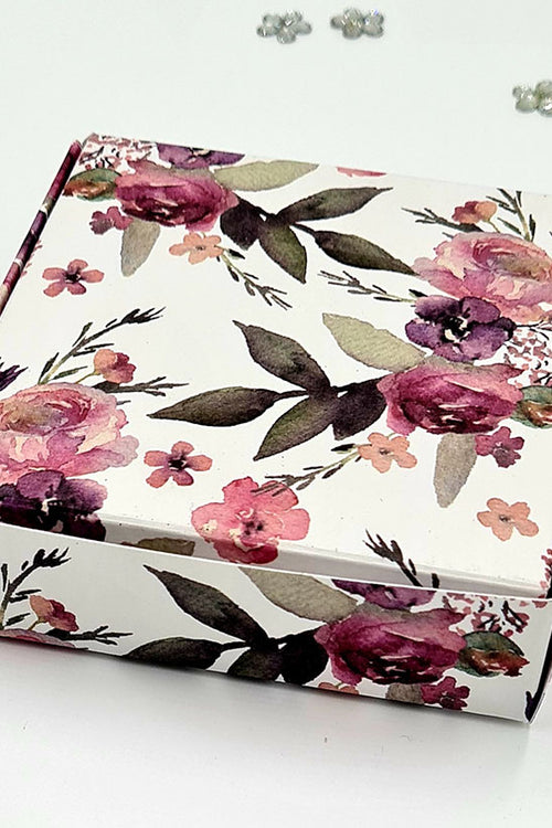 Load image into Gallery viewer, Pink, purple, and green floral print wedding favour box – SQR 401 shaadi card
