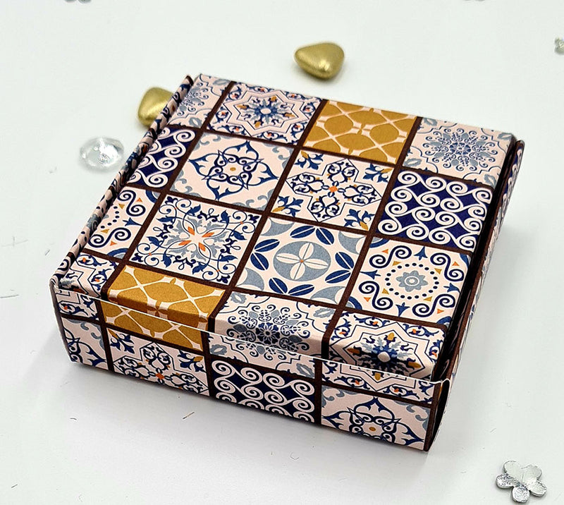 Moroccan print square favour box in blue and orange shades