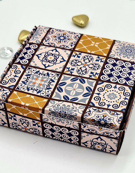 Moroccan print square favour box in blue and orange shades