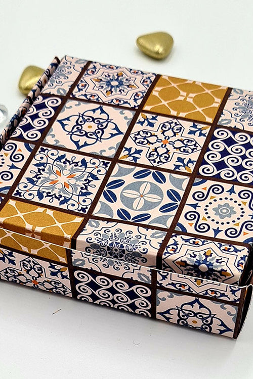 Load image into Gallery viewer, Moroccan print square favour box in blue and orange shades

