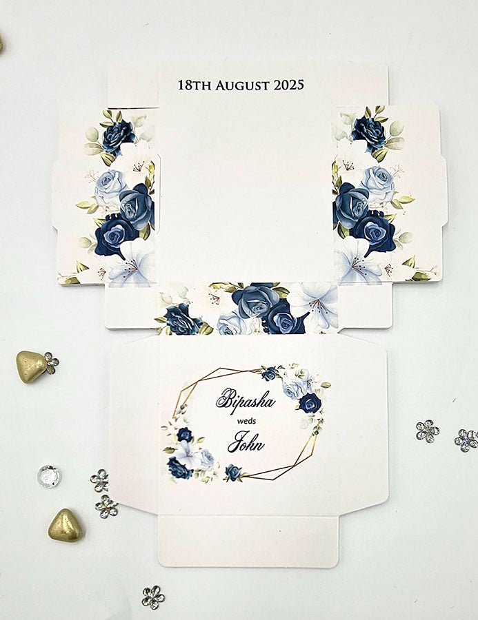 Bespoke wedding favour box with blue floral theme by Shaadi card