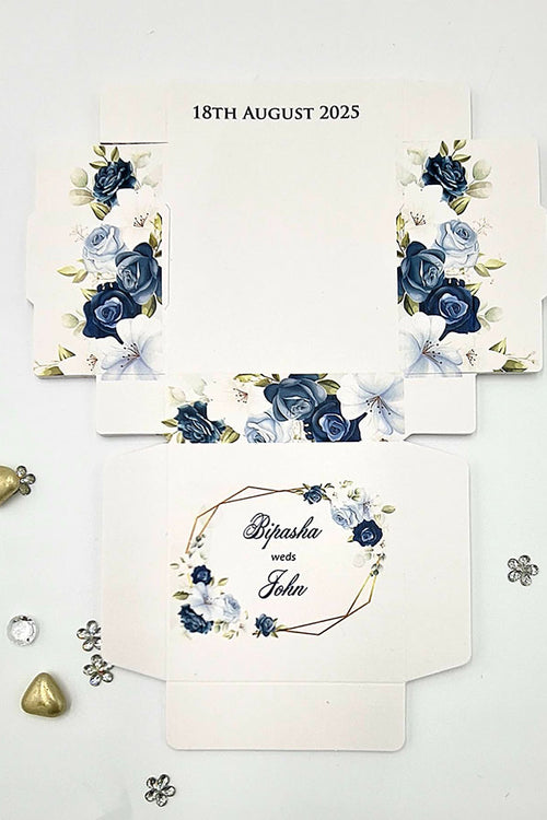 Load image into Gallery viewer, Bespoke wedding favour box with blue floral theme by Shaadi card
