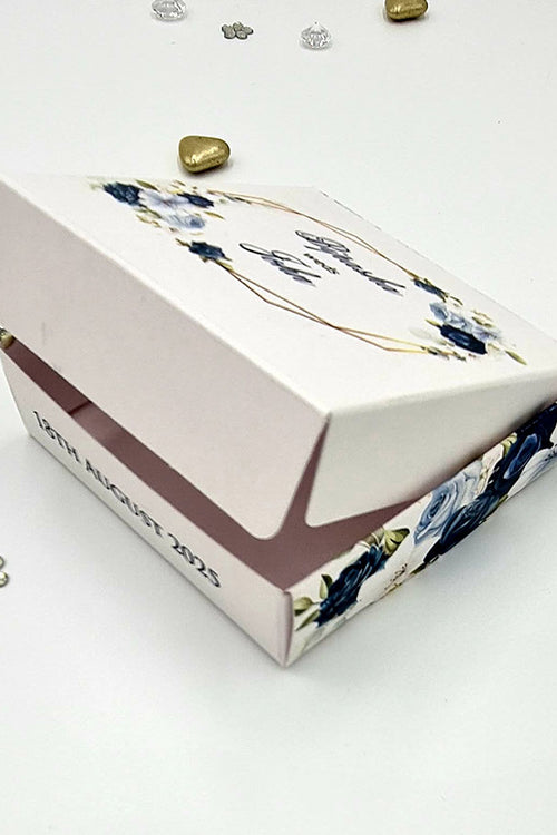 Load image into Gallery viewer, Custom blue floral wedding favour box – Fully personalised design from shadicards.com
