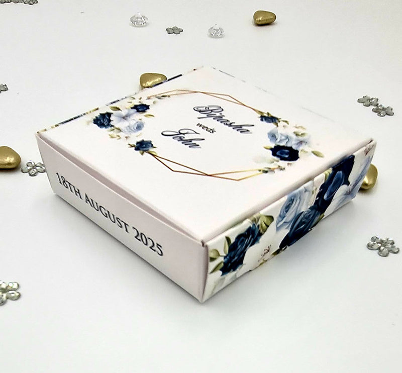 Blue floral print personalised square favour box for weddings from shadicard