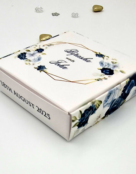 Blue floral print personalised square favour box for weddings from shadicard