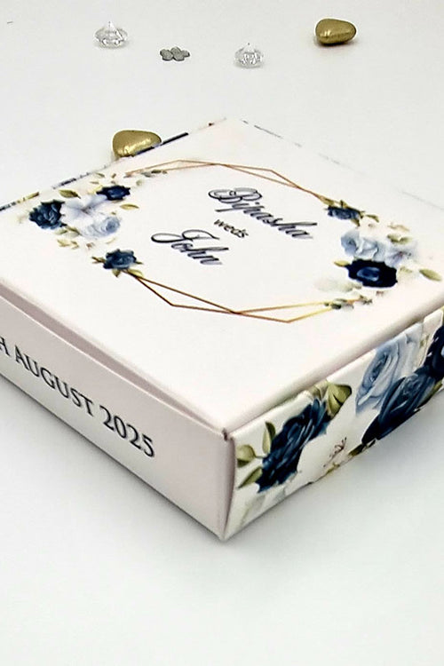 Load image into Gallery viewer, Blue floral print personalised square favour box for weddings from shadicard

