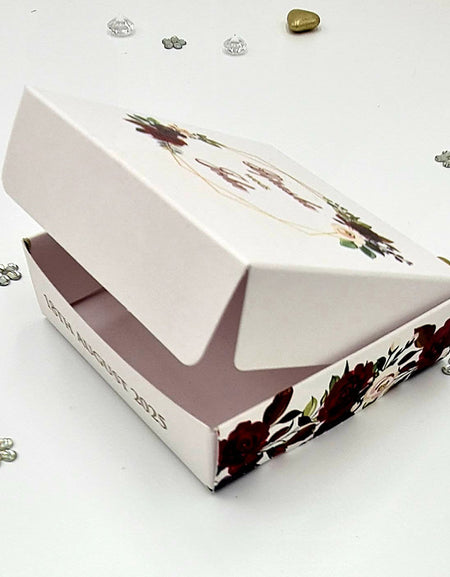 customised Party Favors with  floral print favor boxes in burgundy and green