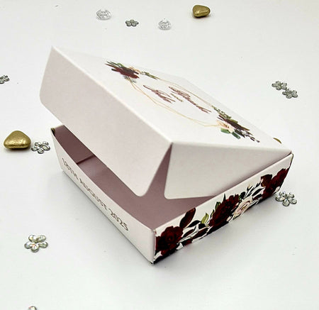 customised Party Favors with  floral print favor boxes in burgundy and green