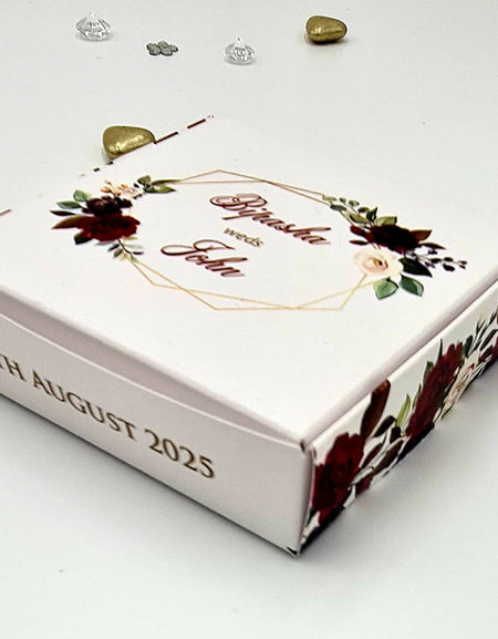 Personalised Deep red floral wedding favour boxes in square shape