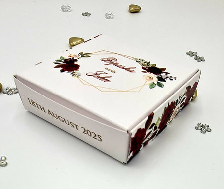 Personalised Deep red floral wedding favour boxes in square shape