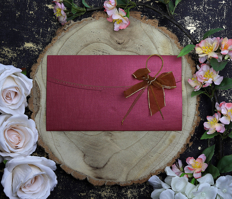 T056I Maroon card and gold ribbon bow invitation