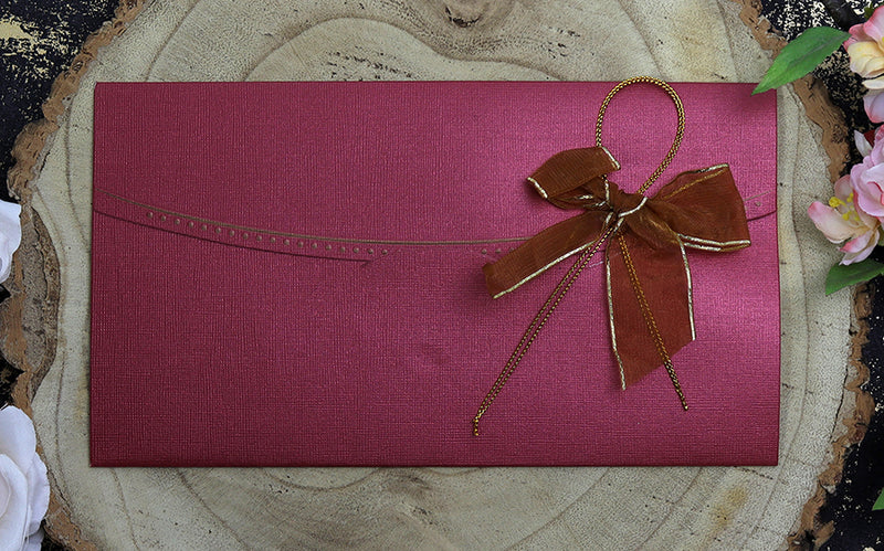 T056I Maroon card and gold ribbon bow invitation