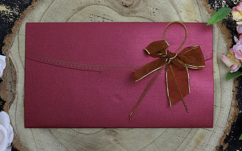 Load image into Gallery viewer, T056I Maroon card and gold ribbon bow invitation
