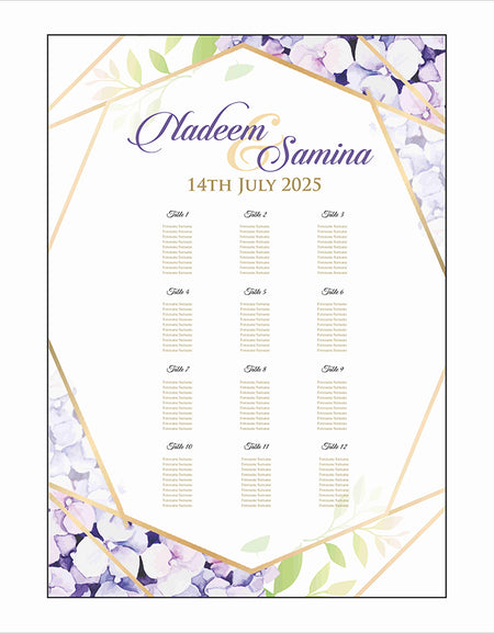 A1 personalised portrait Wedding Table Plan mounted on board can be placed 
on easel with purple & lilac flowers with green leaves and gold border