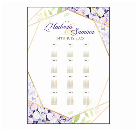 A1 personalised portrait Wedding Table Plan mounted on board can be placed 
on easel with purple & lilac flowers with green leaves and gold border
