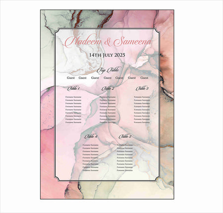 A floral patterned A1 size table plan with areas for guest seating and table assignments.