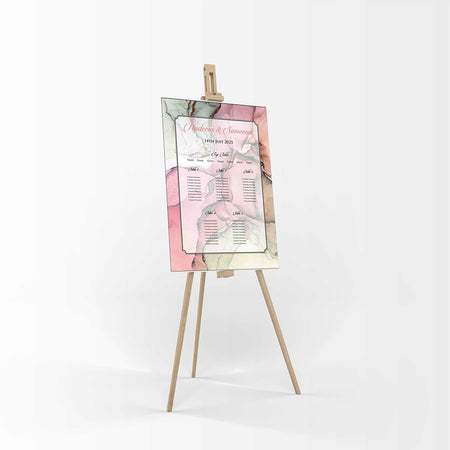 Pink and green marble design seating plan for weddings, bridal showers