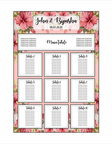 A1 personalised portrait Wedding Table Plan mounted on board can be placed 
on easel with Pink flower and green leaf pattern in the background