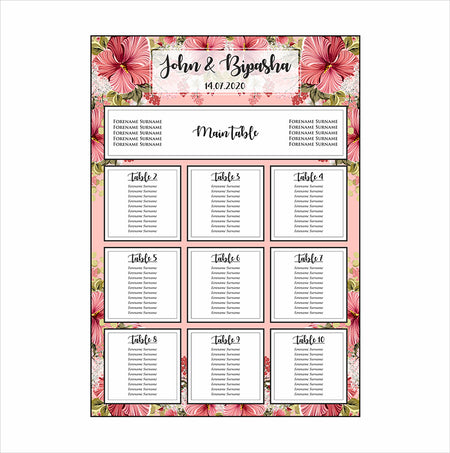 A1 personalised portrait Wedding Table Plan mounted on board can be placed 
on easel with Pink flower and green leaf pattern in the background