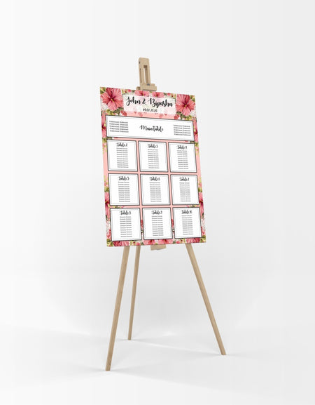 A1 personalised portrait Wedding Table Plan mounted on board can be placed 
on easel with Pink flower and green leaf pattern in the background