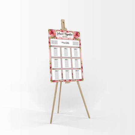 A1 personalised portrait Wedding Table Plan mounted on board can be placed 
on easel with Pink flower and green leaf pattern in the background