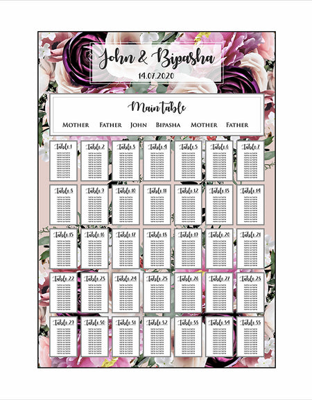 A1 personalised portrait Wedding Table Plan mounted on board can be placed 
on easel with purple lilac and cream floral pattern in the background