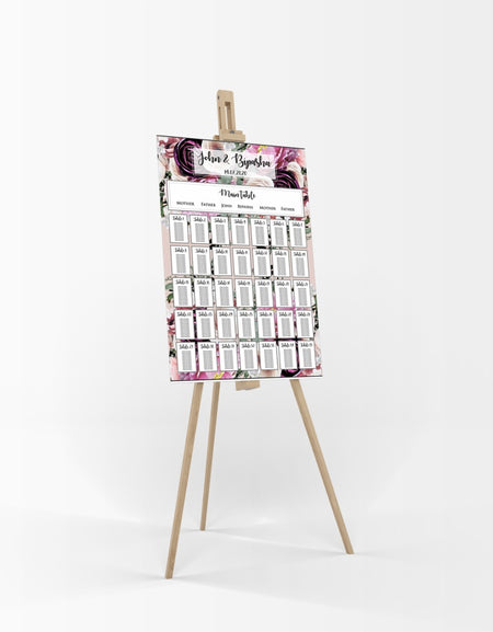 A1 personalised portrait Wedding Table Plan mounted on board can be placed 
on easel with purple lilac and cream floral pattern in the background