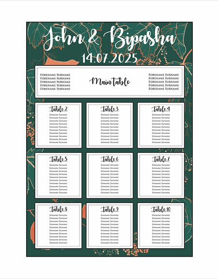 A1 personalised portrait Wedding Table Plan mounted on board can be placed 
on easel with green and opeachy orange leaf pattern in the background