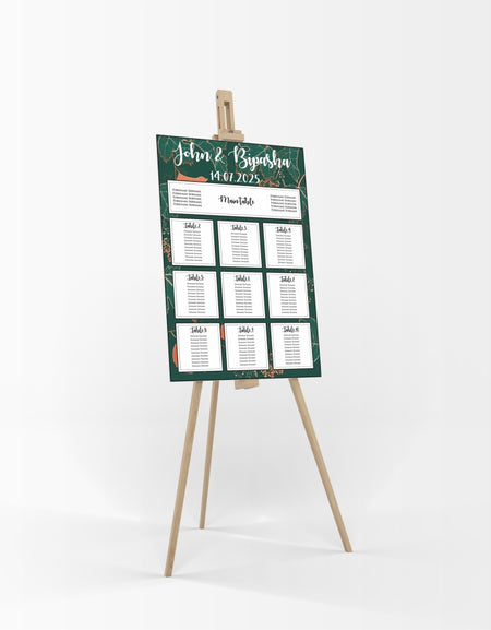 A1 personalised portrait Wedding Table Plan mounted on board can be placed 
on easel with green and opeachy orange leaf pattern in the background