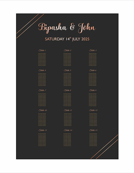A1 personalised portrait Wedding Table Plan mounted 
on board can be placed on easel 
with black background with gold writting