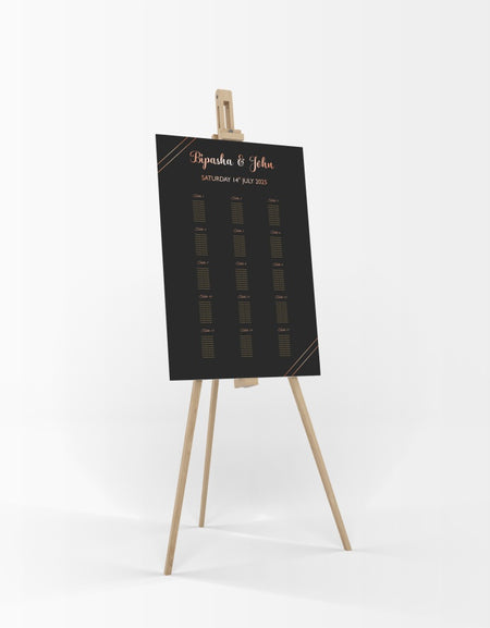 A1 personalised portrait Wedding Table Plan mounted 
on board can be placed on easel 
with black background with gold writting